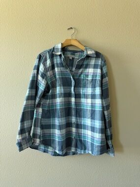 Plaid Button-Down Shirt in Teal, Gray & White
